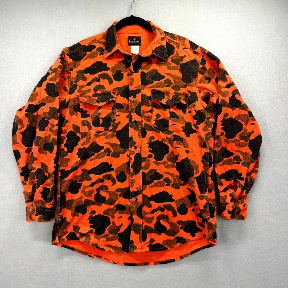Vintage Deerskin Melton Shirt Mens Large Orange Black Flannel Camouflage Hunting